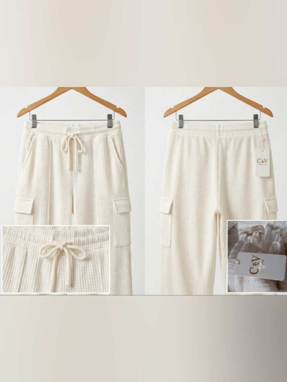 Atleasue Ivory XL Relaxed Cargo Waffle Knit Resort Travel Weekend Joggers New - Picture 3 of 6